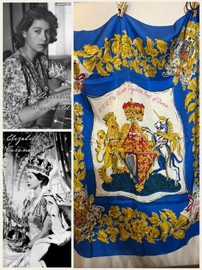 Queen Elizabeth II Coronation Commemorative Silk Scarf 1953 Vintage 35” Square